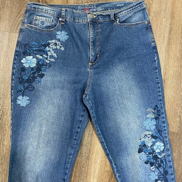 Gloria Vanderbilt Size 14 -Y2K Amanda Jeans – Blue Floral Embroidered Slimming - Picture 2 of 6